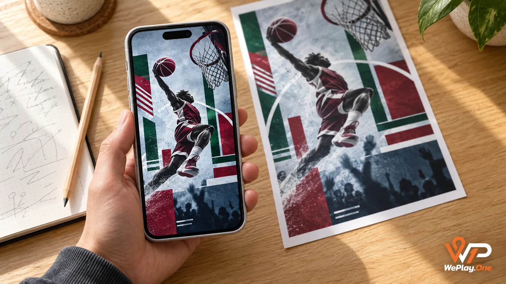Cartel de torneo de básquetbol mostrado en la pantalla de un celular junto a su versión impresa sobre una mesa de madera con libreta y lápiz