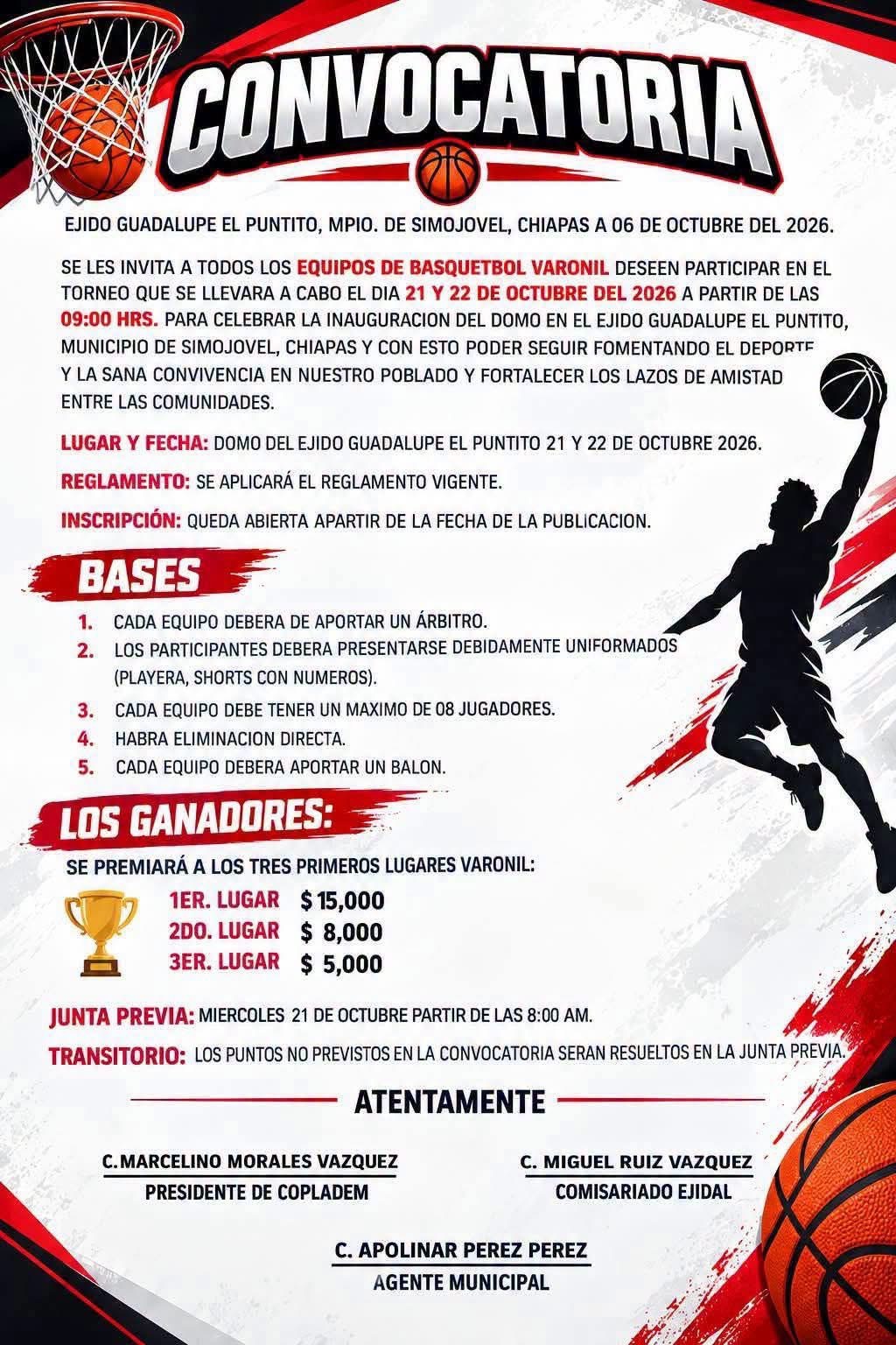 Cartel del torneo Torneo de Básquetbol Varonil Inauguración del Domo - Guadalupe el Puntito, Simojovel, Chiapas