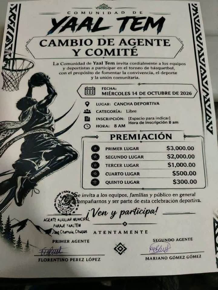 Cartel del torneo Torneo de Básquetbol Cambio de Agente y Comité - Yaltem, Chamula, Chiapas
