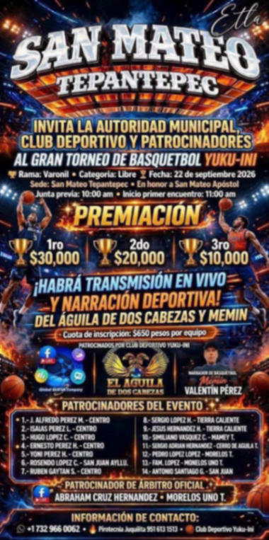 Cartel del torneo Gran Torneo de Básquetbol Yuku-Ini - San Mateo Tepantepec, Oaxaca