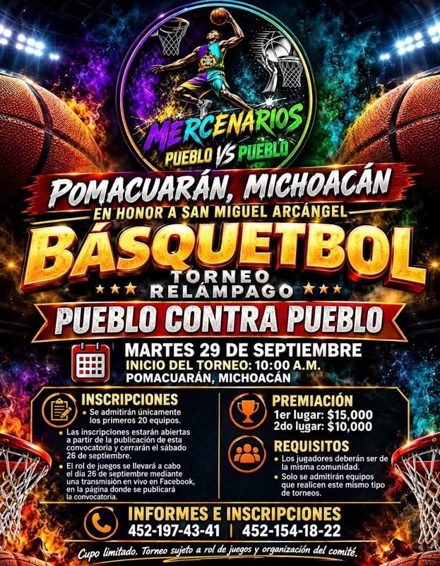 Cartel del torneo Torneo Relámpago de Básquetbol San Miguel Arcángel - Pomacuarán, Michoacán