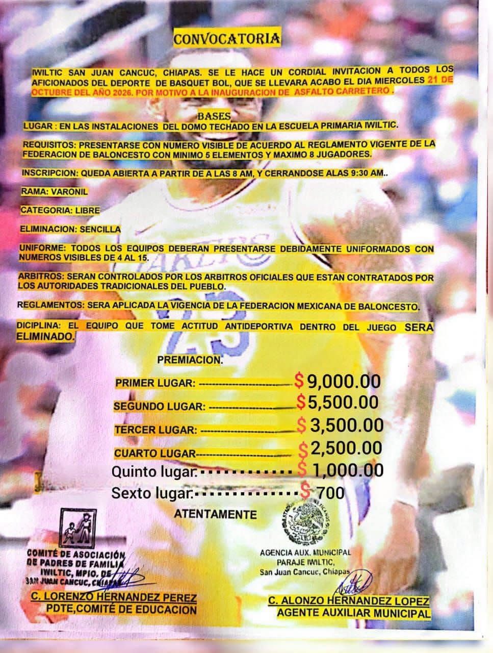 Cartel del torneo Torneo de Básquetbol Varonil - Iwiltic, San Juan Cancuc, Chiapas