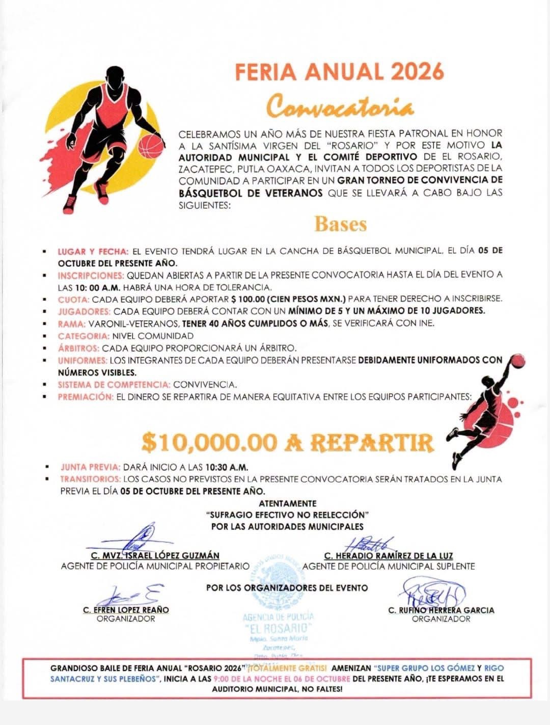 Cartel del torneo Gran Torneo de Convivencia de Básquetbol de Veteranos - el Rosario, Santa María Zacatepec, Putla, Oaxaca