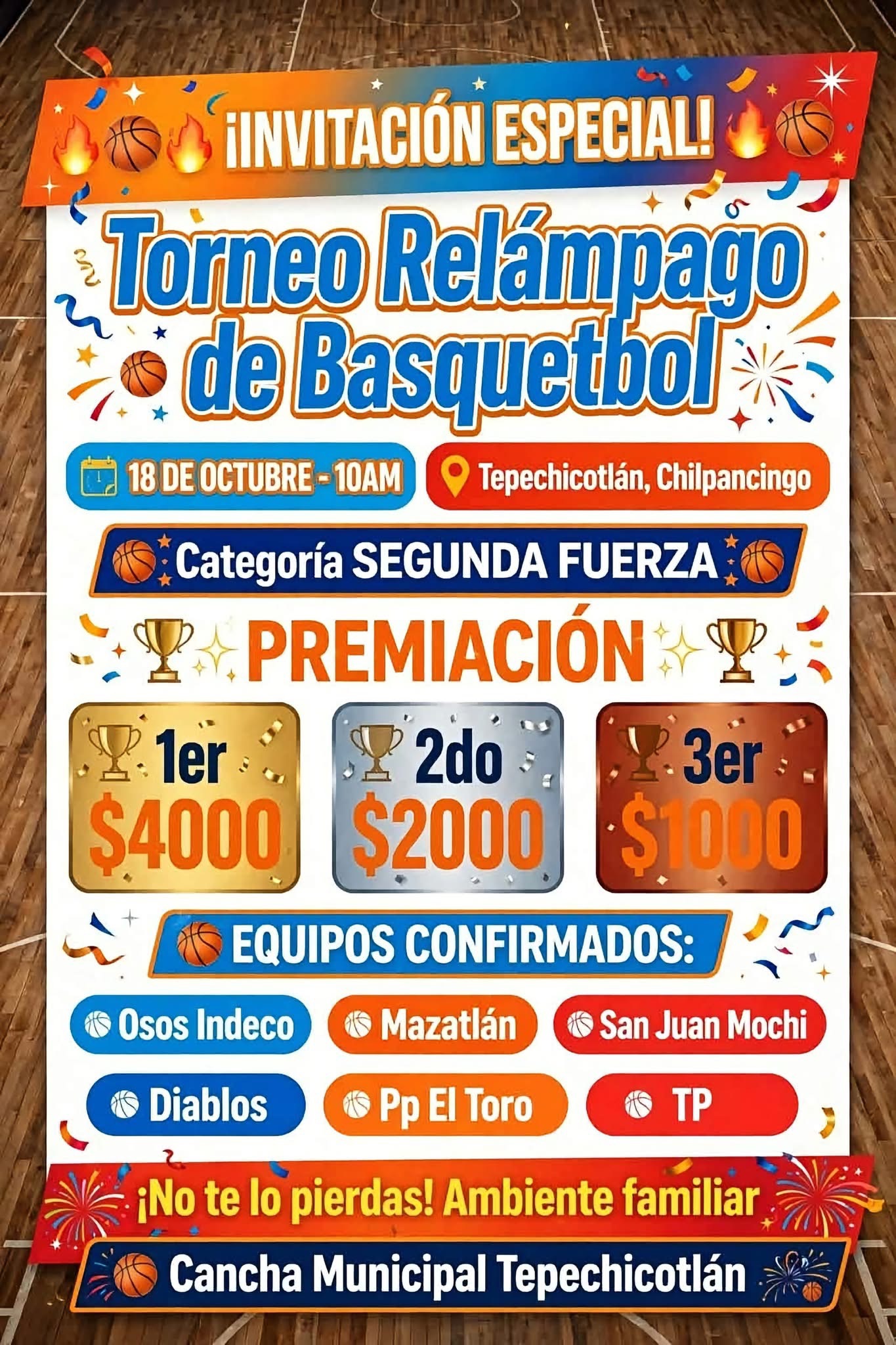 Cartel del torneo Torneo Relámpago de Básquetbol - Tepechicotlán, Chilpancingo, Guerrero