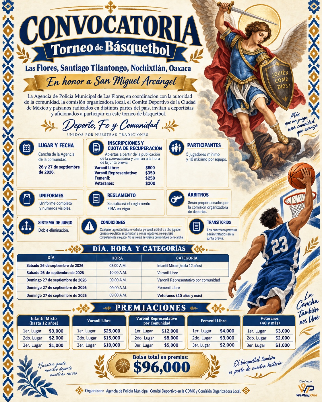 Cartel del torneo Torneo de Básquetbol San Miguel Arcángel Representativo por Comunidad - las Flores, Tilantongo, Oaxaca