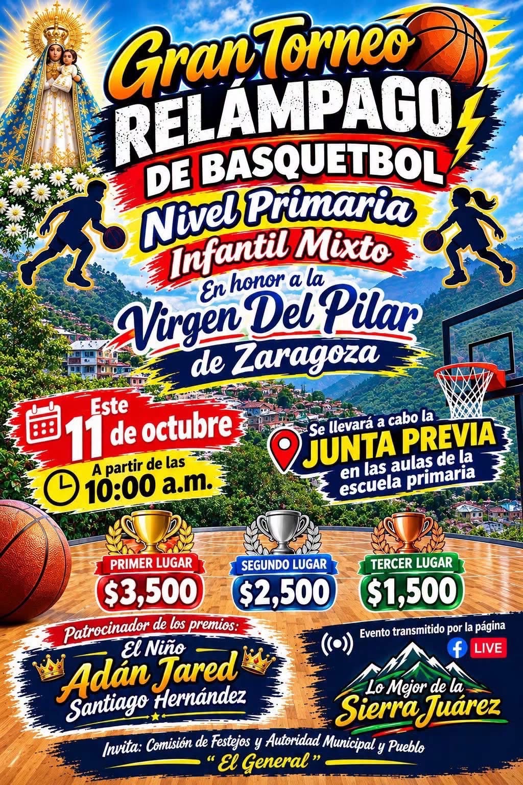 Cartel del torneo Gran Torneo Relámpago de Básquetbol Virgen del Pilar - Santa Cruz Yagavila, Oaxaca