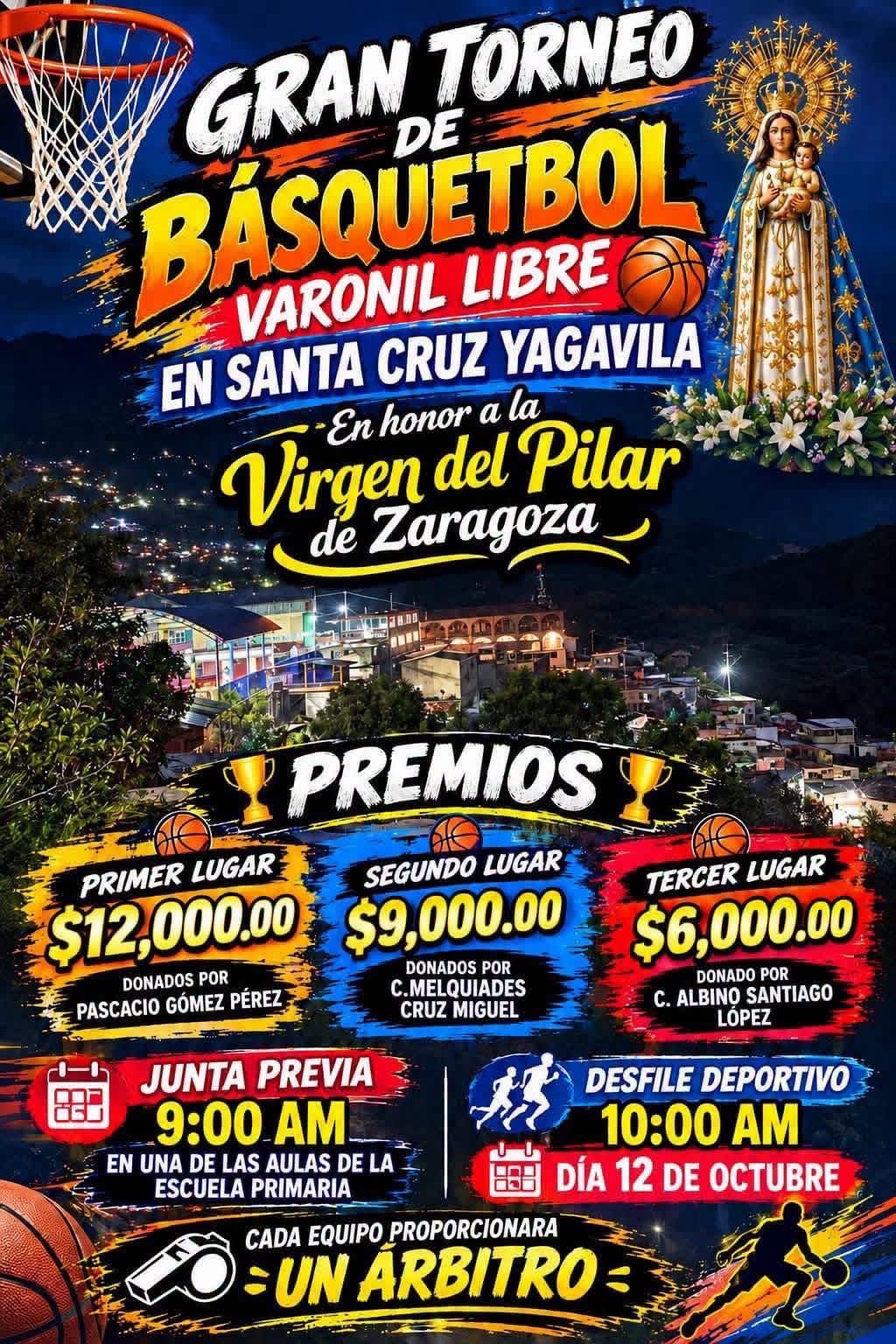 Cartel del torneo Gran Torneo de Básquetbol Virgen del Pilar - Santa Cruz Yagavila, Oaxaca