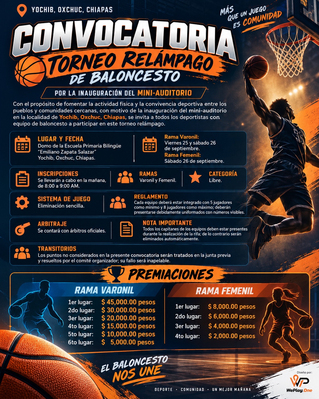 Cartel del torneo Torneo Relámpago de Baloncesto Inauguración del Mini-Auditorio - Yochib, Chiapas