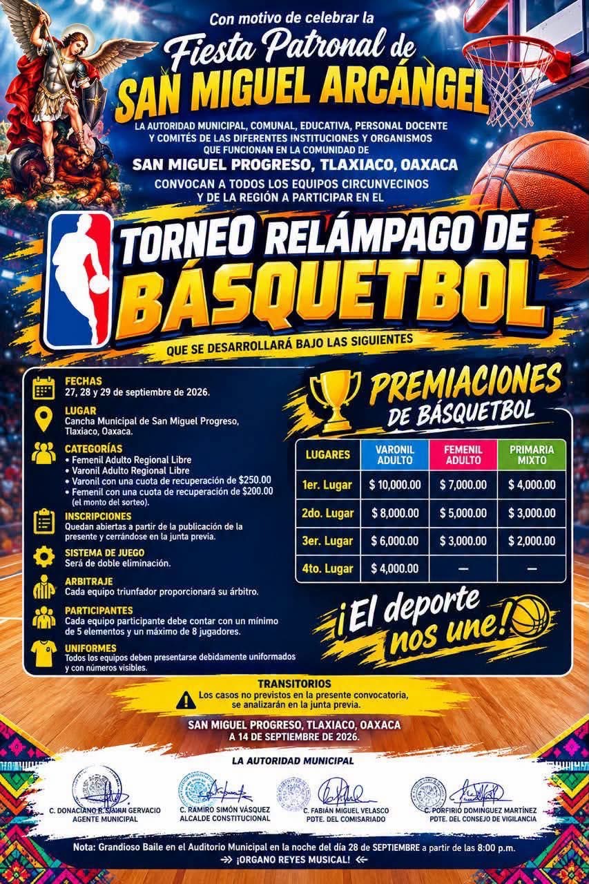 Cartel del torneo Torneo Relámpago de Básquetbol San Miguel Arcángel - San Miguel Progreso, Oaxaca