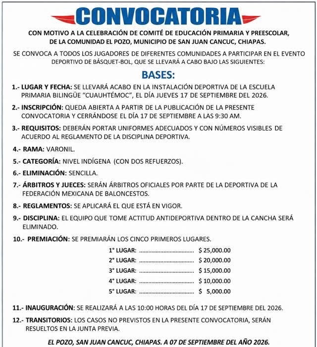 Torneo de Básquetbol el Pozo - San Juan Cancuc, Chiapas — imagen 1