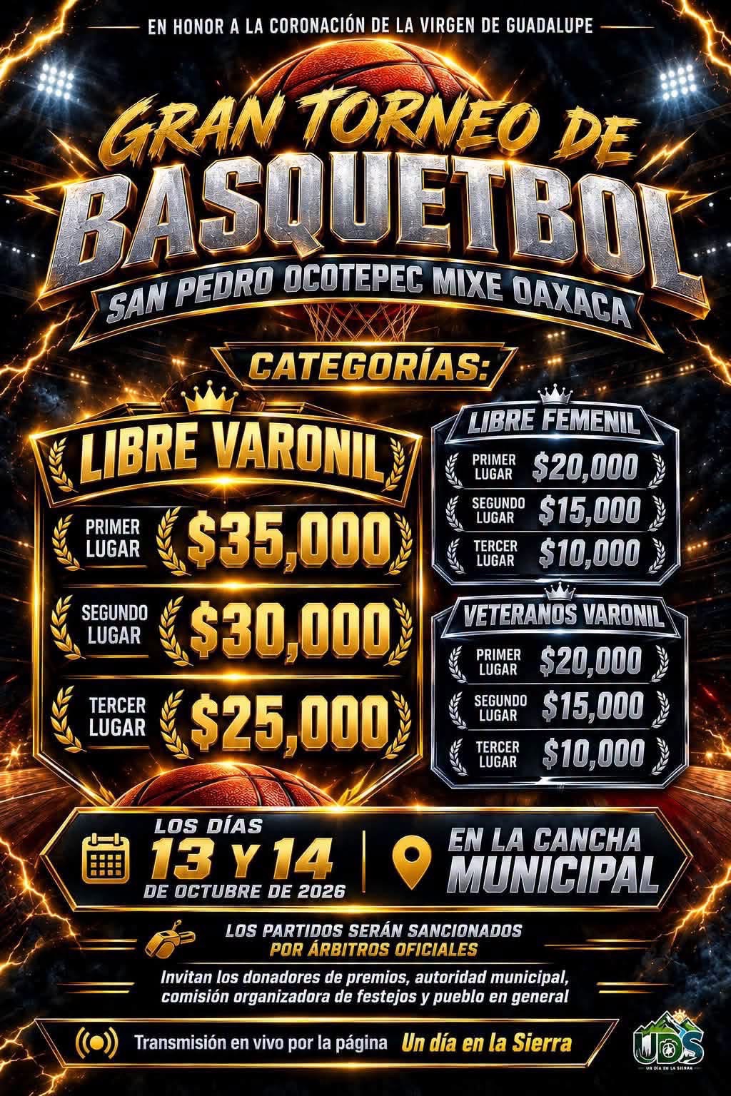 Cartel del torneo Gran Torneo de Básquetbol Virgen de Guadalupe - San Pedro Ocotepec, Mixe, Oaxaca