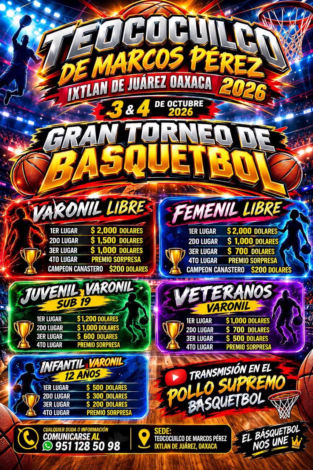 Cartel del torneo Gran Torneo de Básquetbol - Teococuilco de Marcos Pérez, Oaxaca