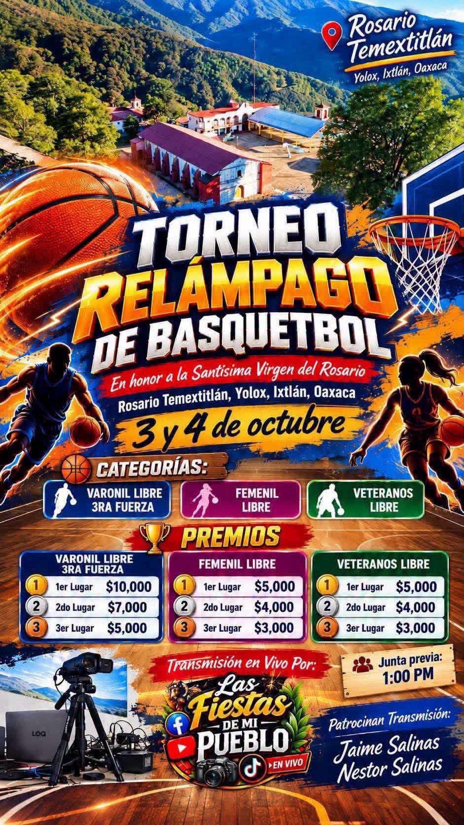 Cartel del torneo Torneo Relámpago de Básquetbol Virgen del Rosario - Rosario Temextitlán, San Pedro Yólox, Oaxaca