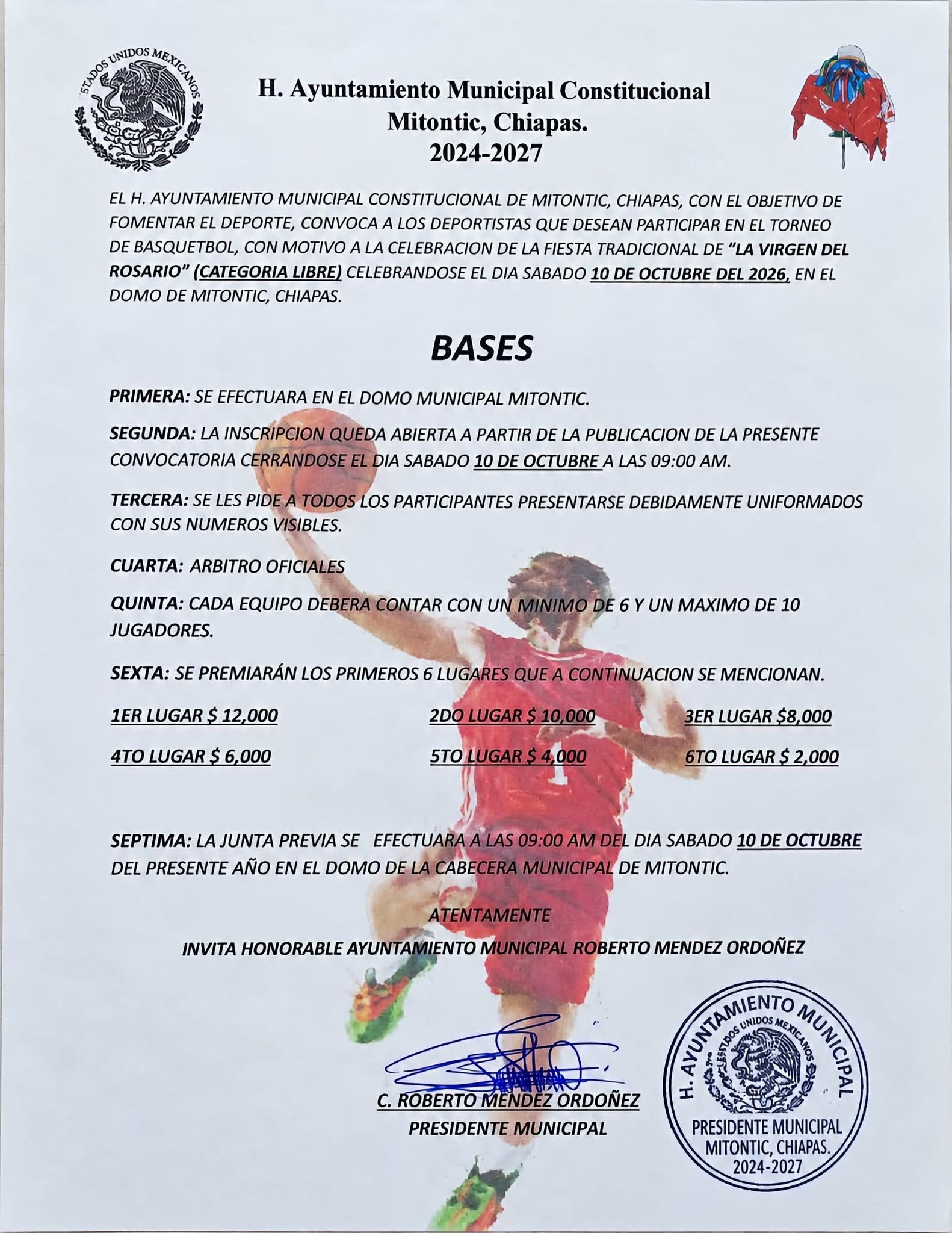Cartel del torneo Torneo de Básquetbol Virgen del Rosario - Mitontic, Chiapas