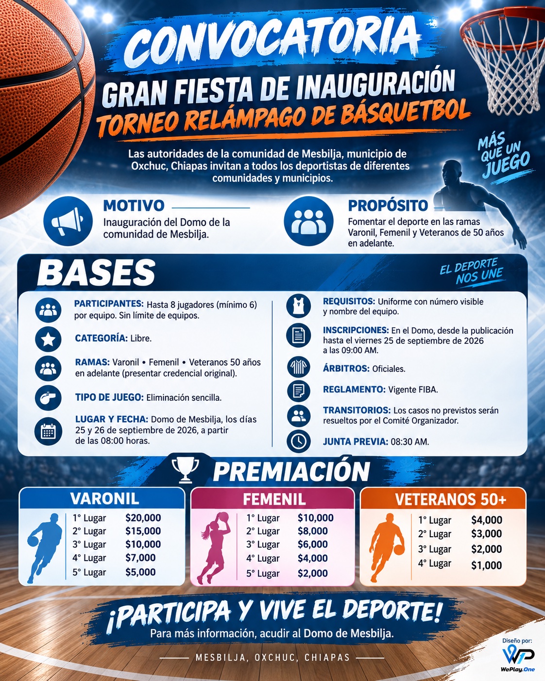Cartel del torneo Torneo Relámpago de Básquetbol Inauguración del Domo - Mesbilja, Chiapas