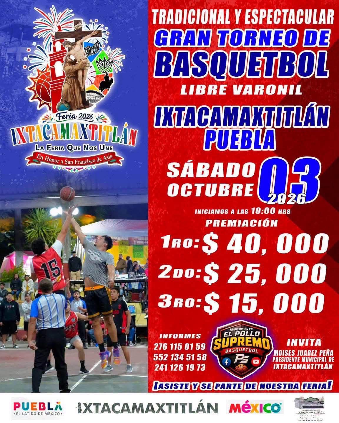 Cartel del torneo Gran Torneo de Básquetbol Libre Varonil Feria 2026 - Ixtacamaxtitlán, Puebla