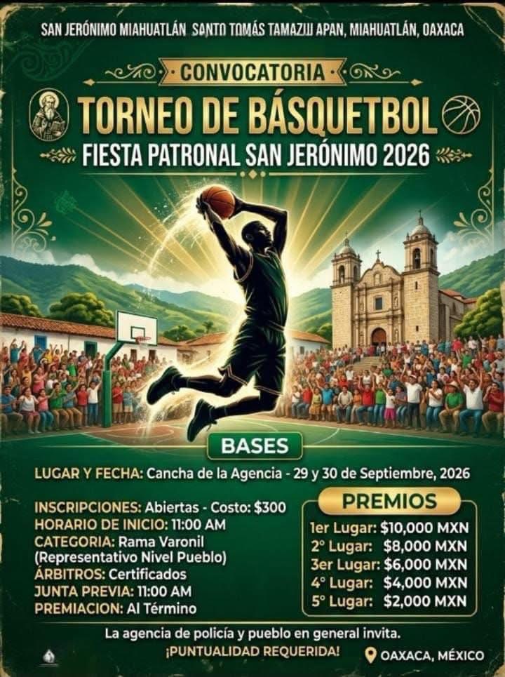 Cartel del torneo Torneo de Básquetbol Fiesta Patronal San Jerónimo - San Jerónimo Miahuatlán, Oaxaca