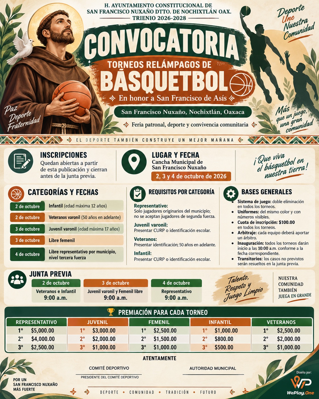 Cartel del torneo Torneo de Básquetbol Feria San Francisco de Asís - San Francisco Nuxaño, Oaxaca
