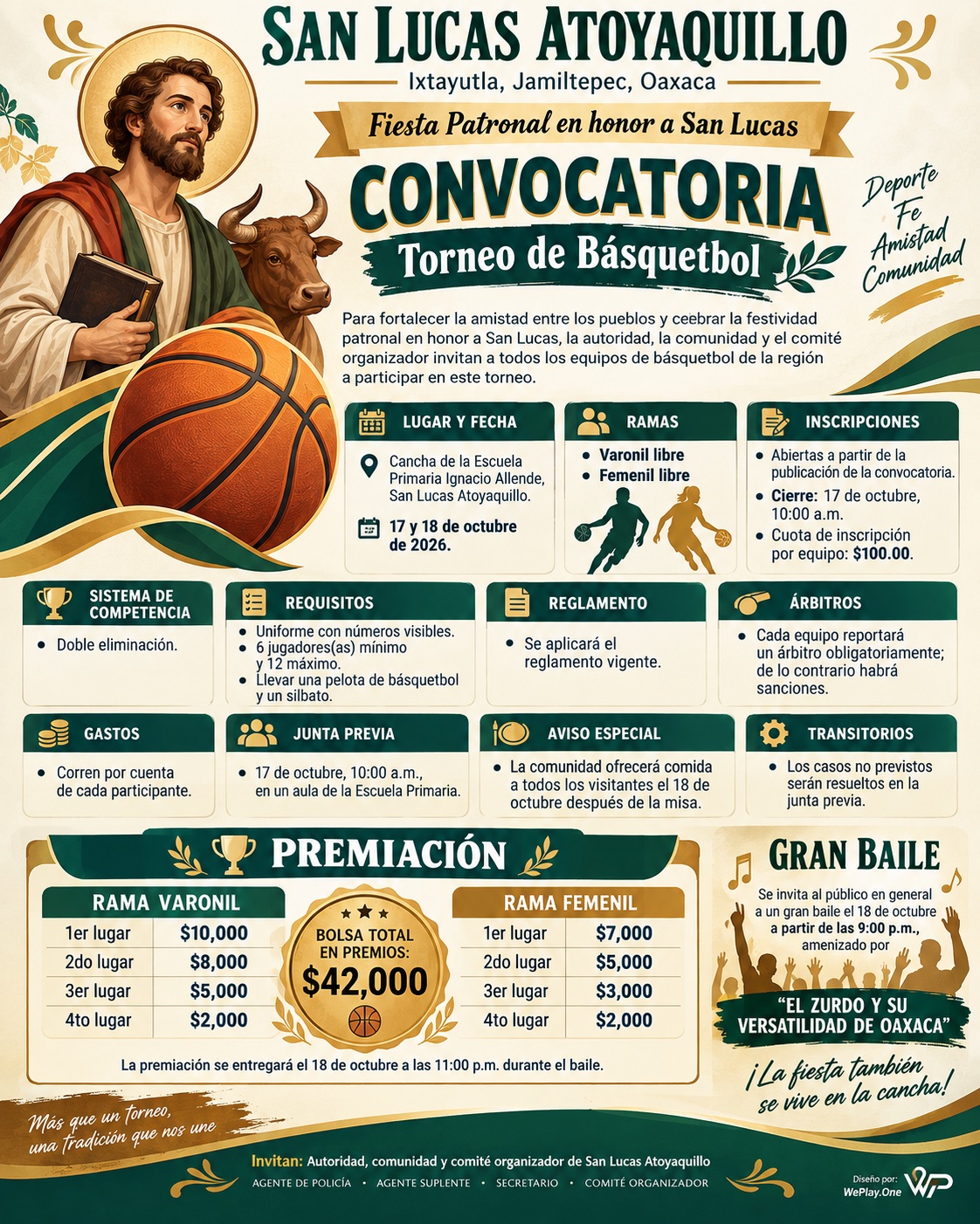 Cartel del torneo Torneo de Básquetbol Fiesta Patronal San Lucas - San Lucas Atoyaquillo, Oaxaca