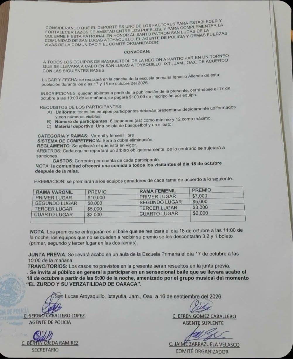 Torneo de Básquetbol Fiesta Patronal San Lucas - San Lucas Atoyaquillo, Oaxaca — imagen 1