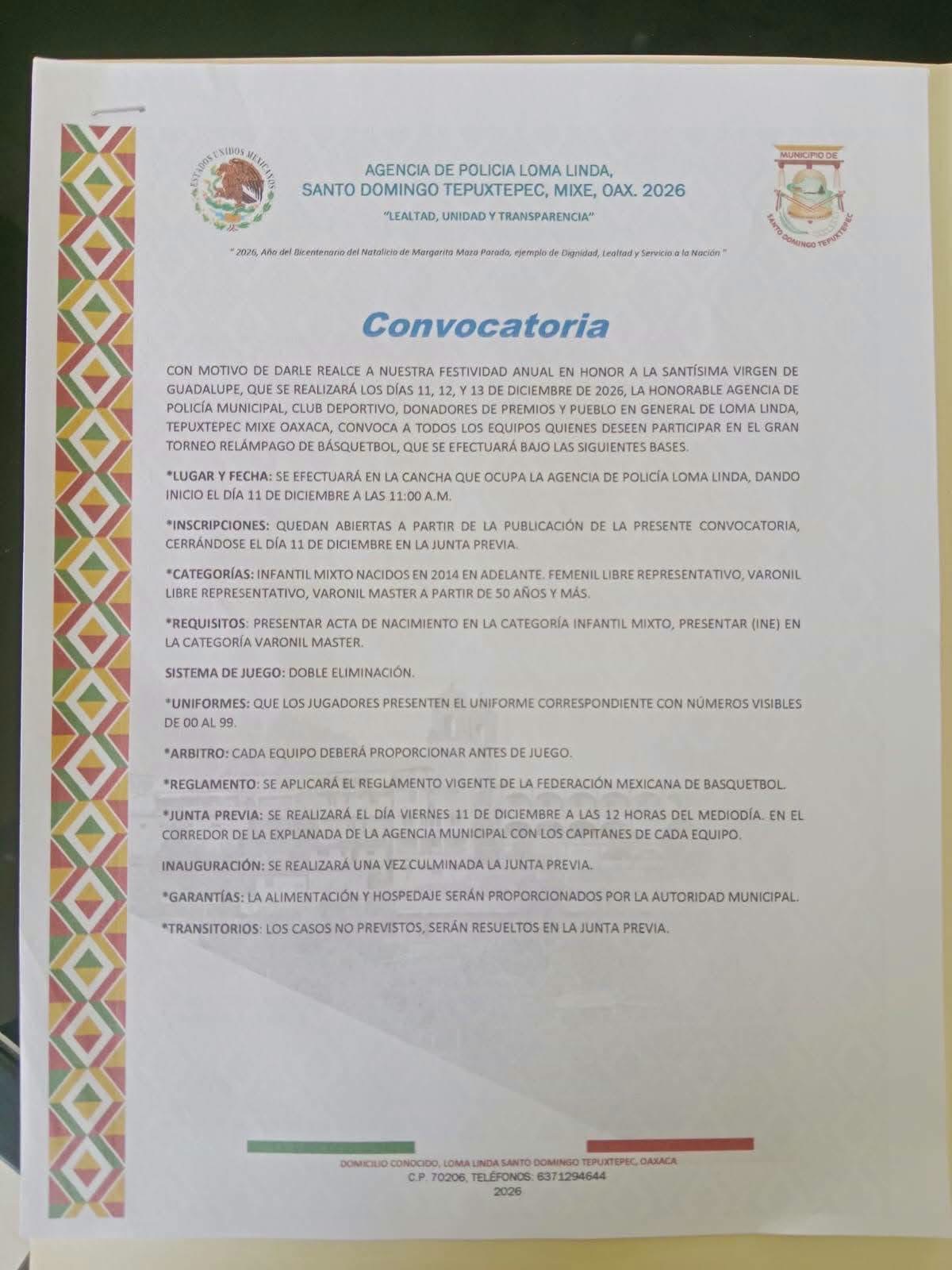 Cartel del torneo Gran Torneo Relámpago de Básquetbol Virgen de Guadalupe - Loma Linda, Santo Domingo Tepuxtepec, Oaxaca