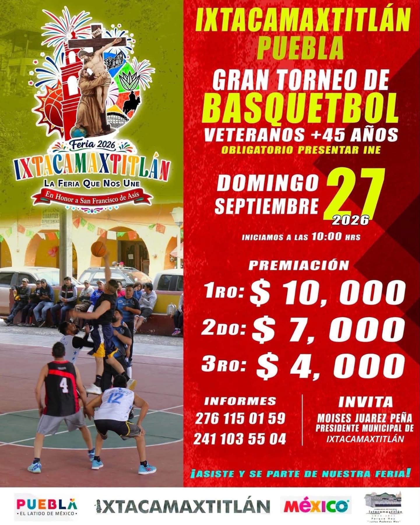 Cartel del torneo Gran Torneo de Básquetbol Veteranos +45 Feria 2026 - Ixtacamaxtitlán, Puebla