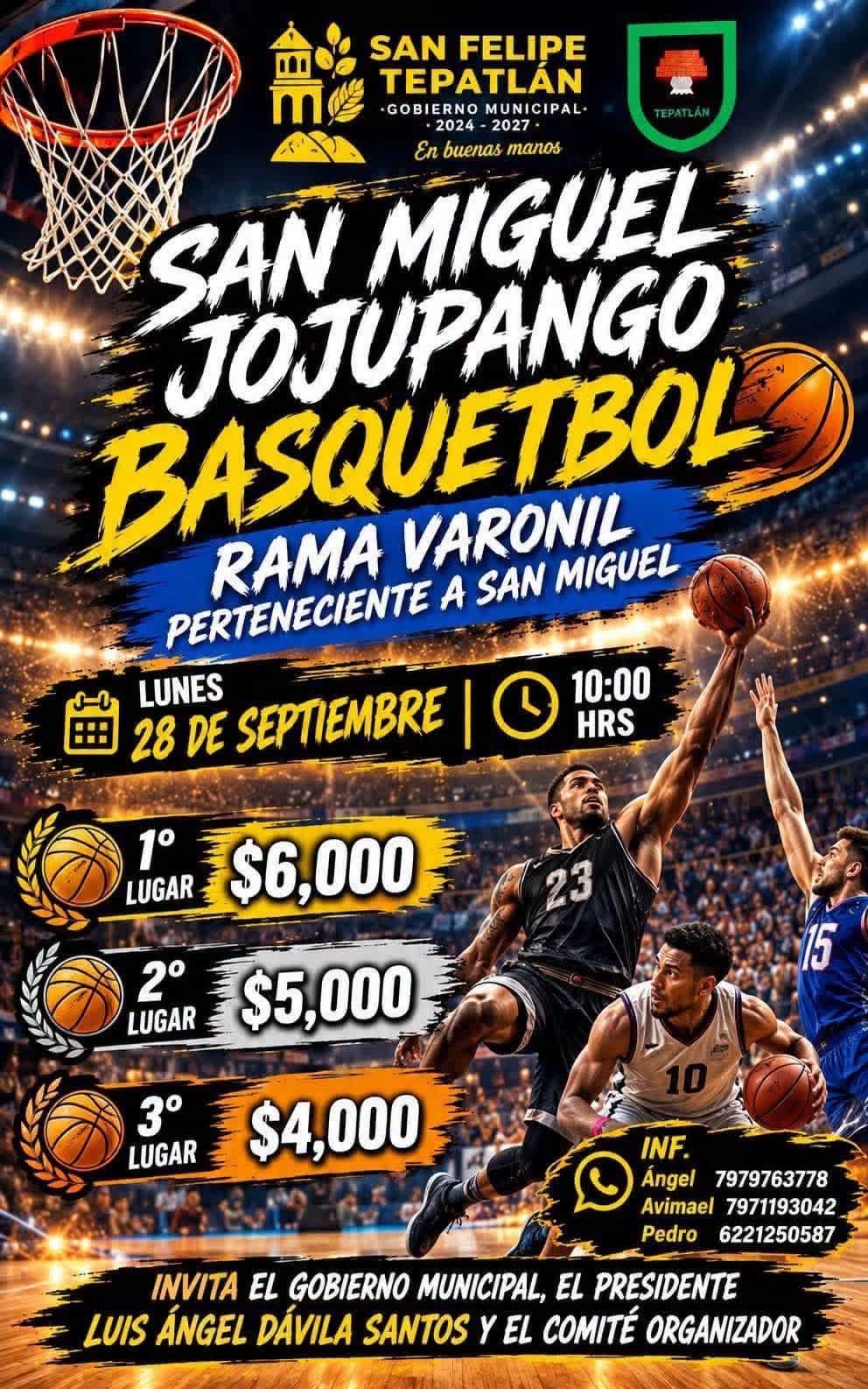 Cartel del torneo Torneo de Básquetbol Varonil Perteneciente a San Miguel Jojupango - San Felipe Tepatlán, Puebla