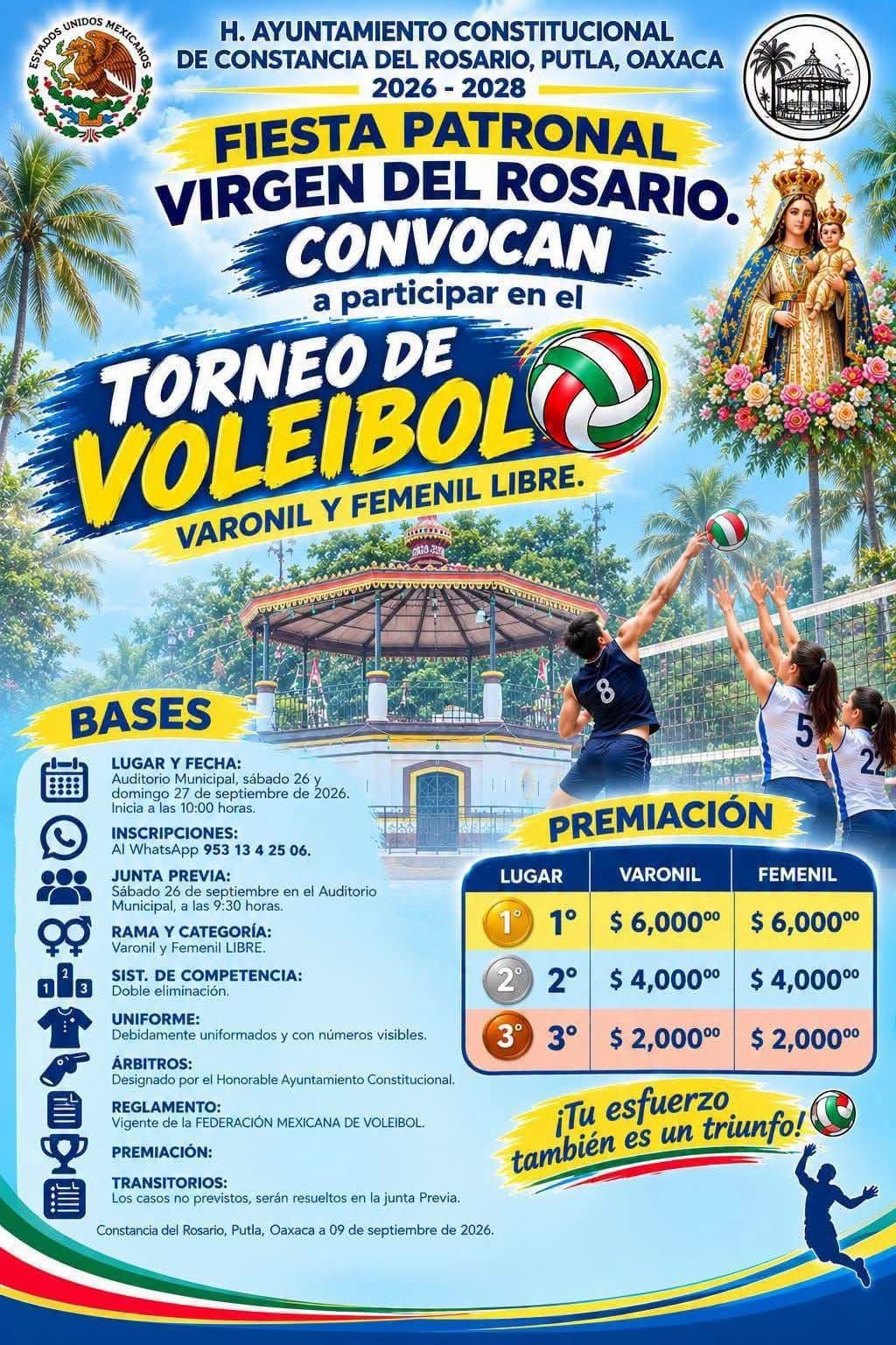 Cartel del torneo Torneo de Voleibol Virgen del Rosario - Constancia del Rosario, Oaxaca