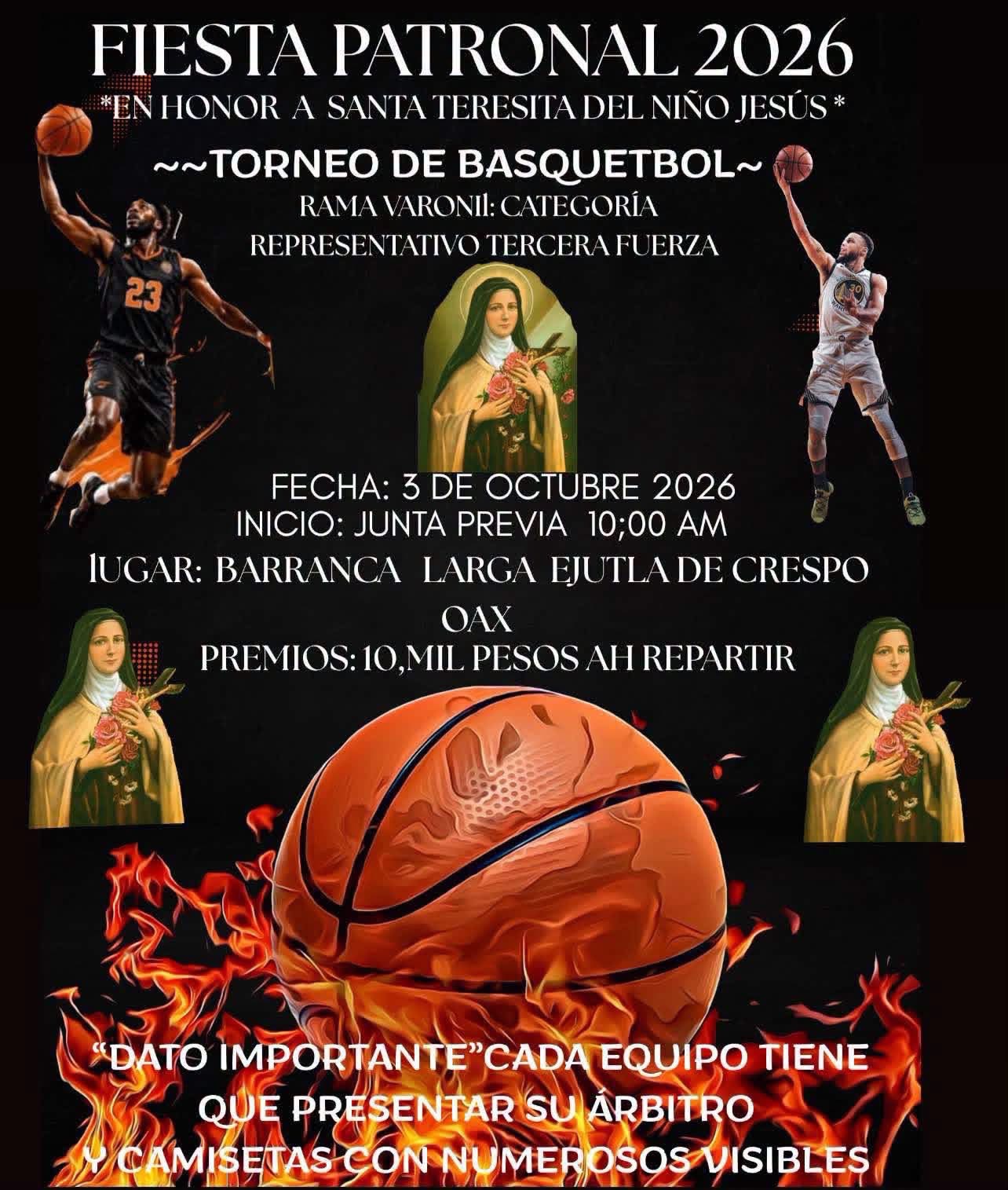 Cartel del torneo Torneo de Básquetbol Fiesta Patronal Santa Teresita - Barranca Larga, Ejutla de Crespo, Oaxaca