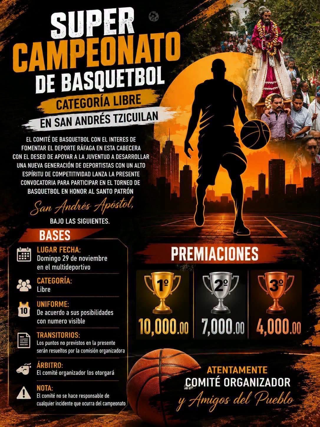 Cartel del torneo Super Campeonato de Básquetbol San Andrés Apóstol - San Andrés Tzicuilan, Puebla
