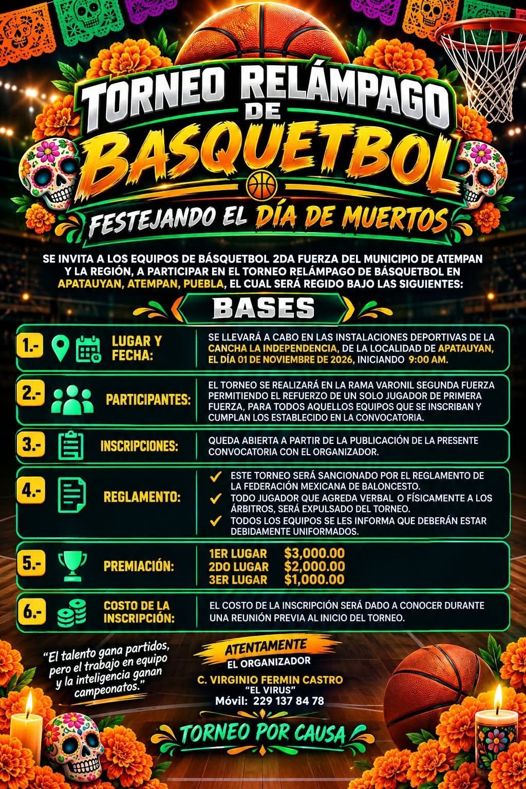 Cartel del torneo Torneo Relámpago de Básquetbol Día de Muertos - Apatauyan, Atempan, Puebla
