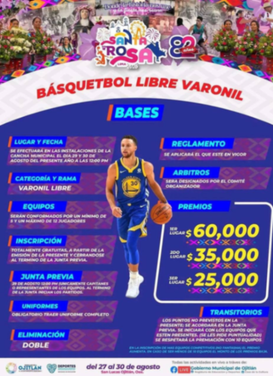 Cartel del torneo Basquetbol Libre Varonil - San Lucas Ojitlán, Oaxaca