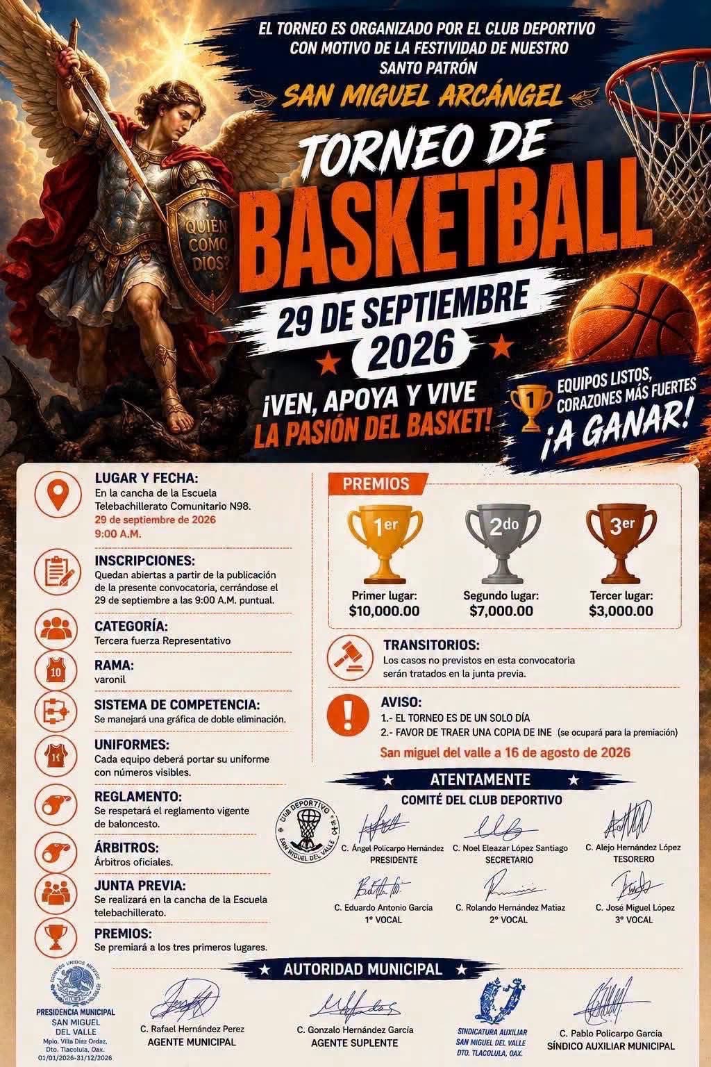 Cartel del torneo Torneo de Básquetbol San Miguel Arcángel - San Miguel del Valle, Oaxaca