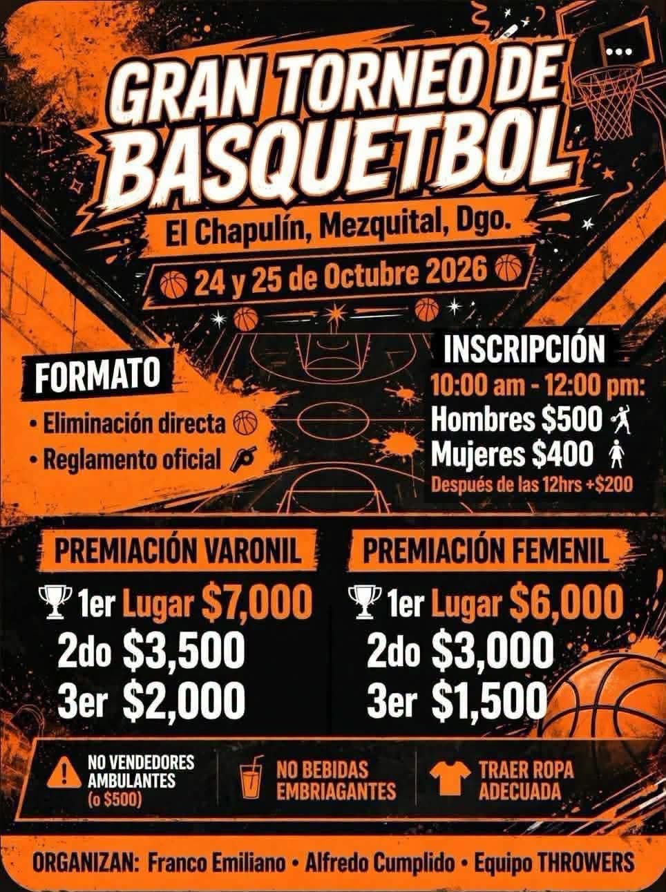 Cartel del torneo Gran Torneo de Básquetbol - el Chapulín, Mezquital, Durango