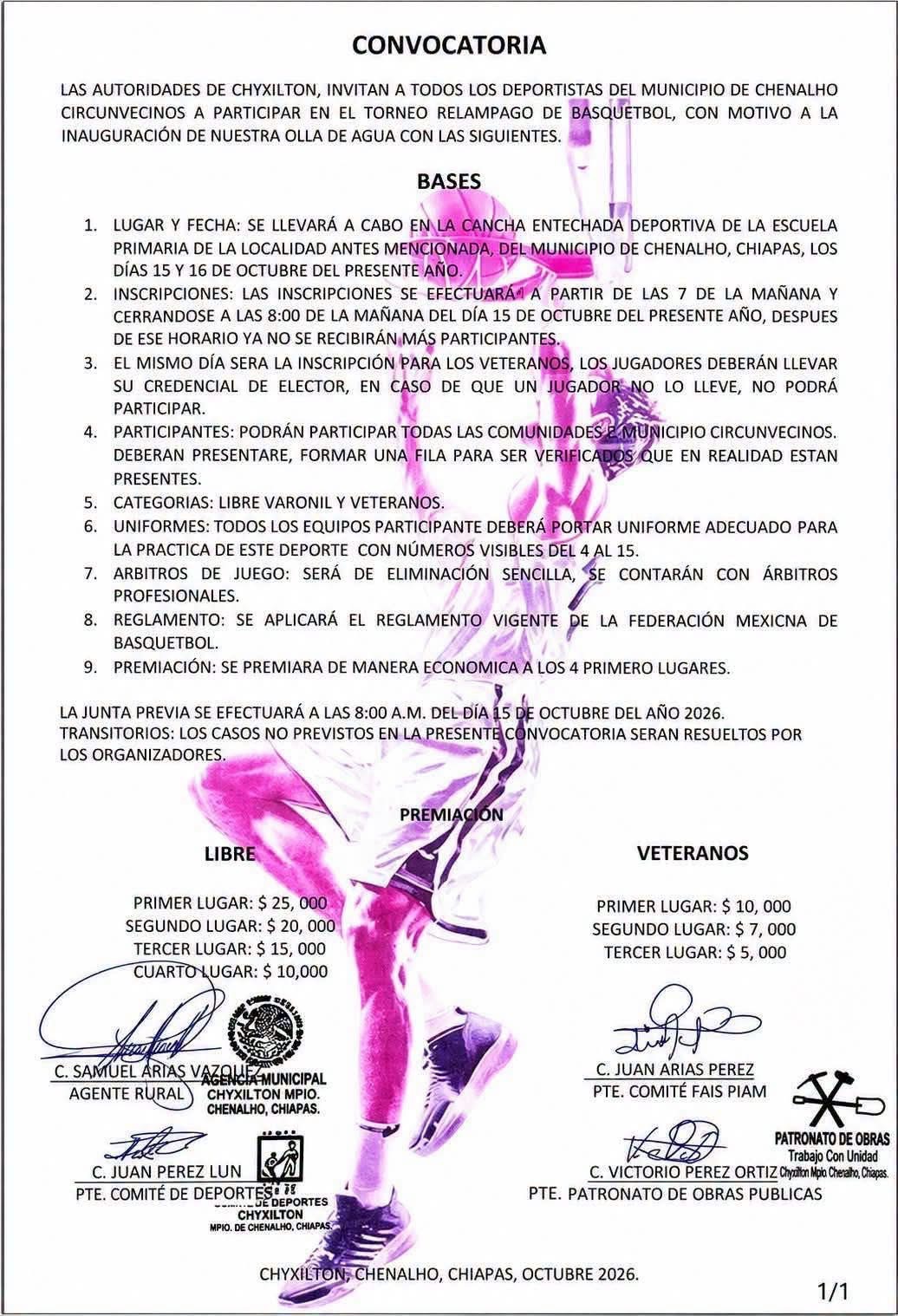 Cartel del torneo Torneo Relámpago de Básquetbol Inauguración de la Olla de Agua - Chixiltón, Chenalhó, Chiapas