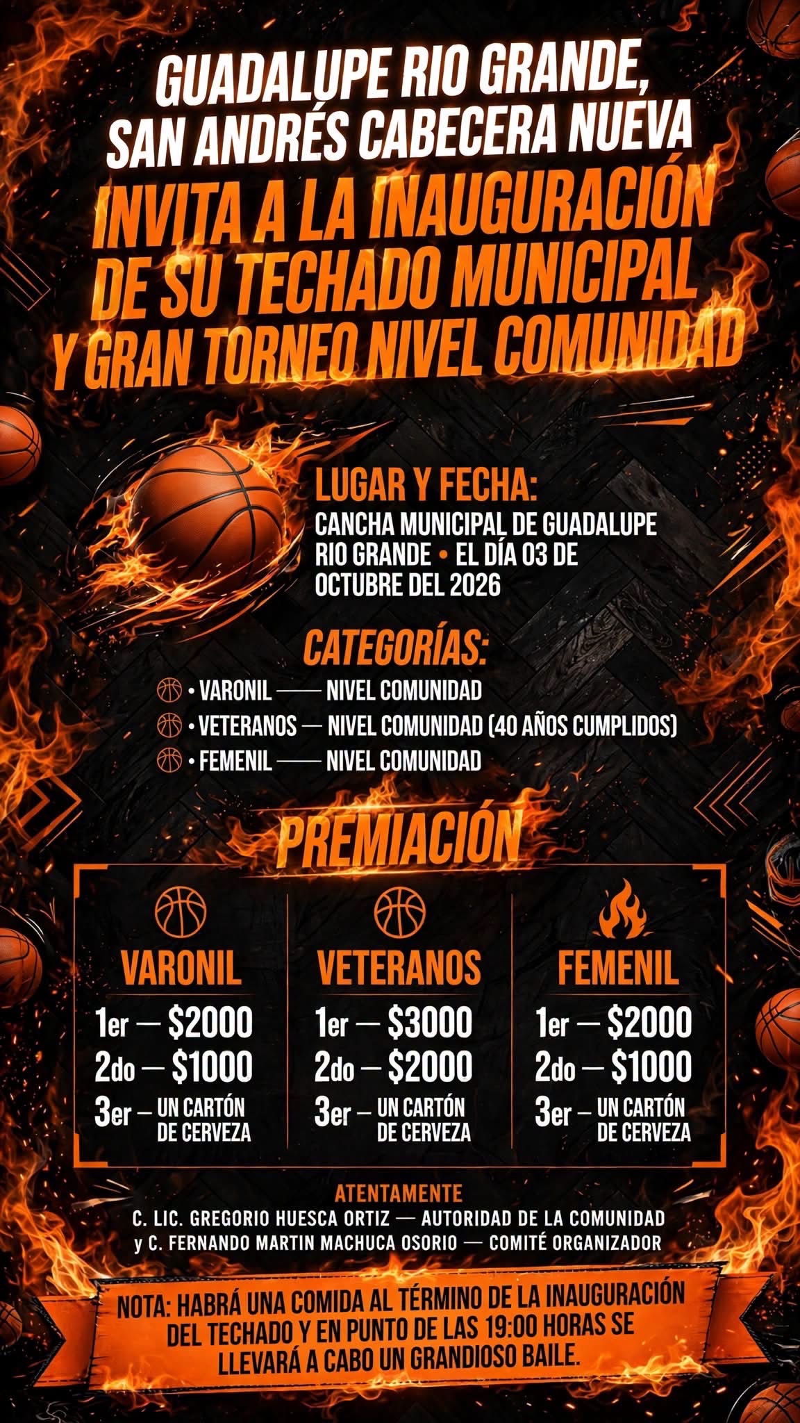 Cartel del torneo Gran Torneo de Básquetbol Inauguración del Techado - Guadalupe Río Grande, Oaxaca
