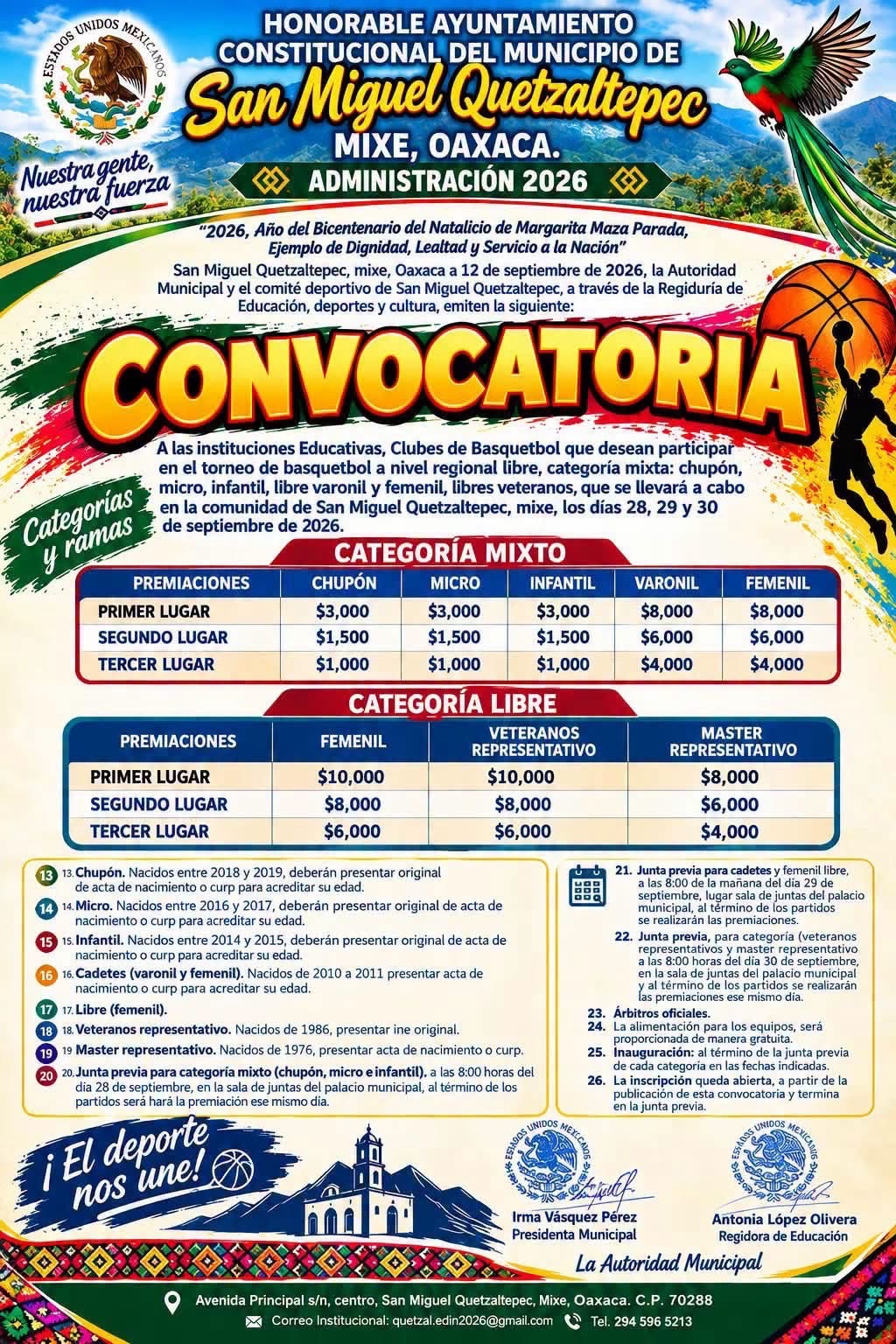 Cartel del torneo Torneo Regional de Básquetbol - San Miguel Quetzaltepec, Mixe, Oaxaca
