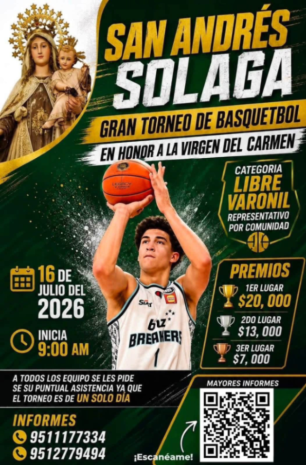 Cartel del torneo Gran Torneo de Basquetbolen Honor a la Virgen del Carmen - San Andrés Solaga