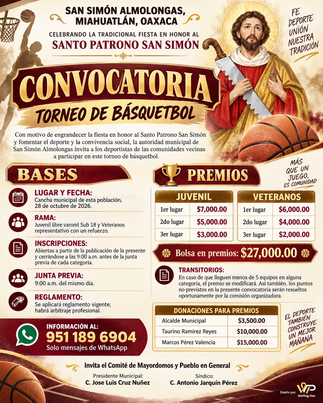 Cartel del torneo Torneo de Básquetbol San Simón - San Simón Almolongas, Oaxaca