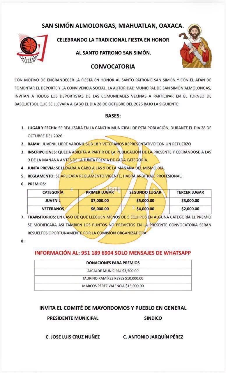 Torneo de Básquetbol San Simón - San Simón Almolongas, Oaxaca — imagen 1