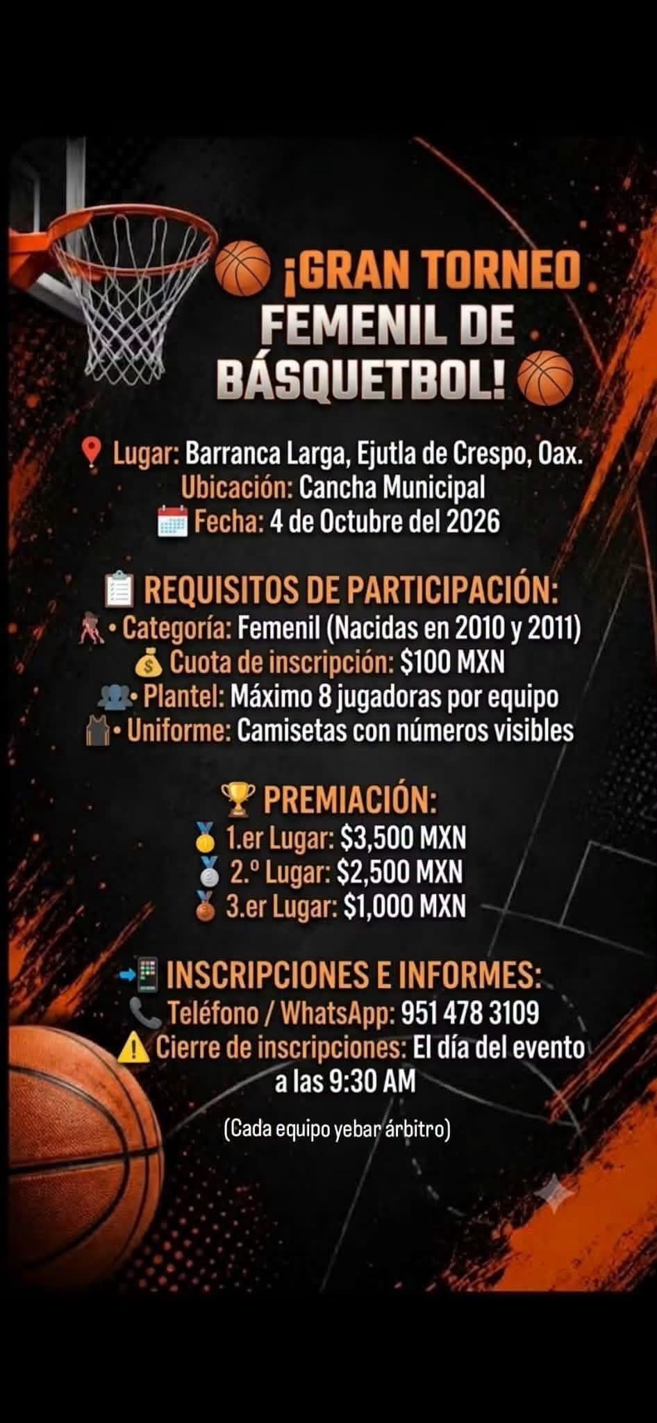 Cartel del torneo Gran Torneo Femenil de Básquetbol - Barranca Larga, Ejutla de Crespo, Oaxaca
