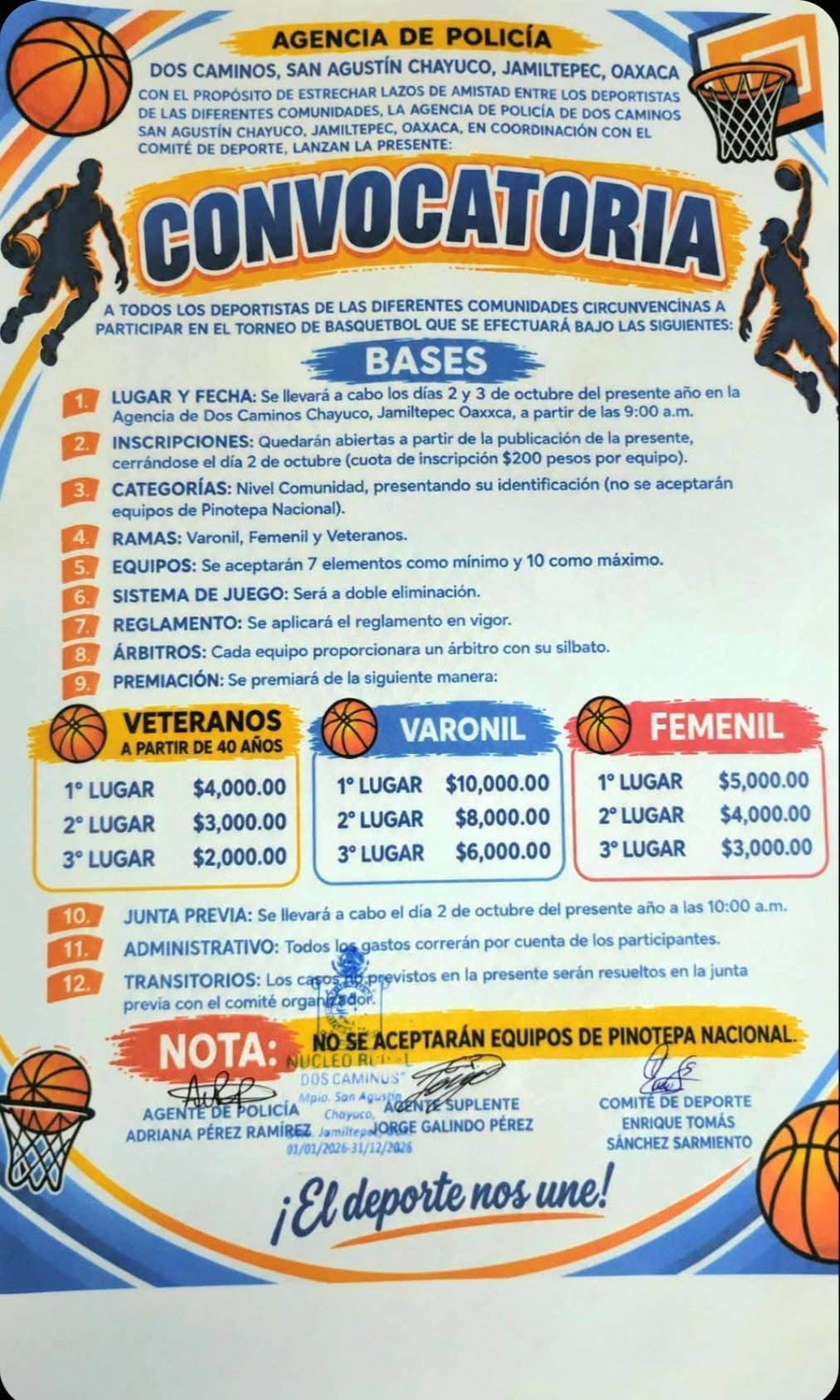 Cartel del torneo Torneo de Básquetbol Dos Caminos - San Agustín Chayuco, Oaxaca