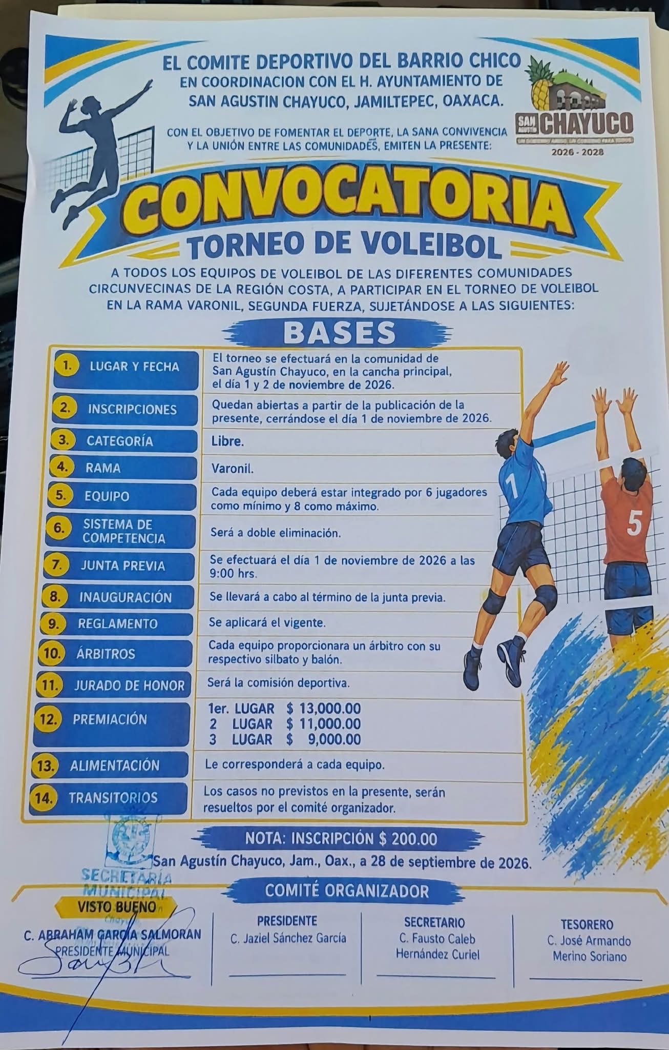Cartel del torneo Torneo de Voleibol Varonil - San Agustín Chayuco, Oaxaca