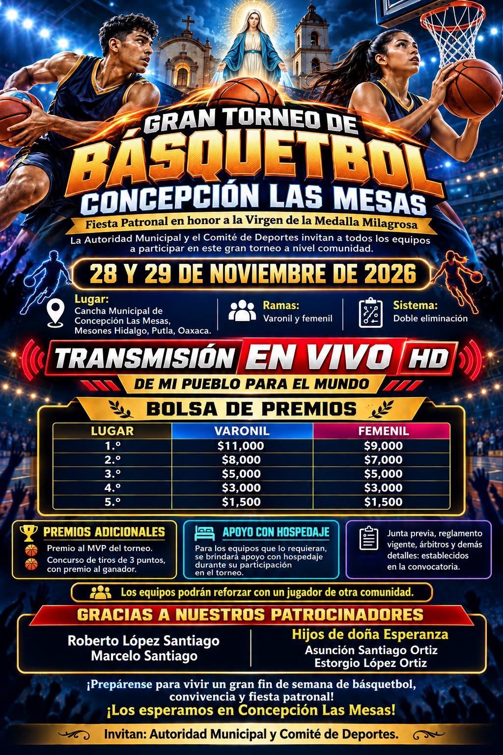 Cartel del torneo Gran Torneo de Básquetbol Medalla Milagrosa - Concepción las Mesas, Mesones Hidalgo, Oaxaca