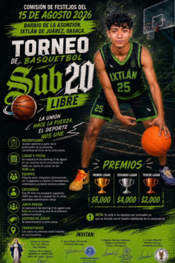 Cartel del torneo Torneo de Basquetbol Sub 20 - Ixtlán de Juárez, Oaxaca