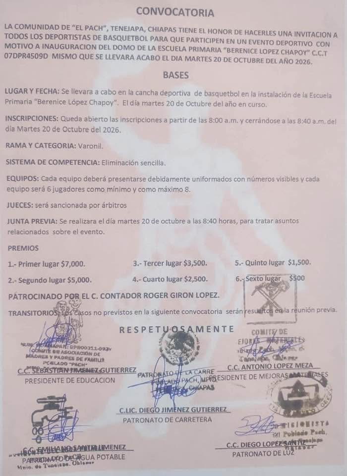 Cartel del torneo Torneo de Básquetbol Varonil - el Pach, Tenejapa, Chiapas