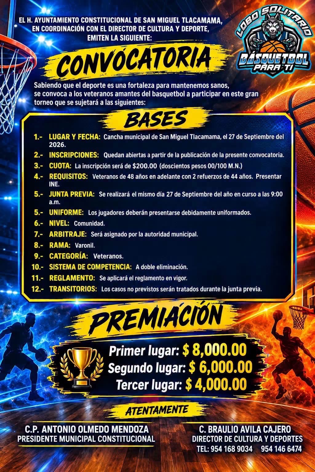 Cartel del torneo Torneo de Básquetbol de Veteranos Lobo Solitario - San Miguel Tlacamama, Oaxaca
