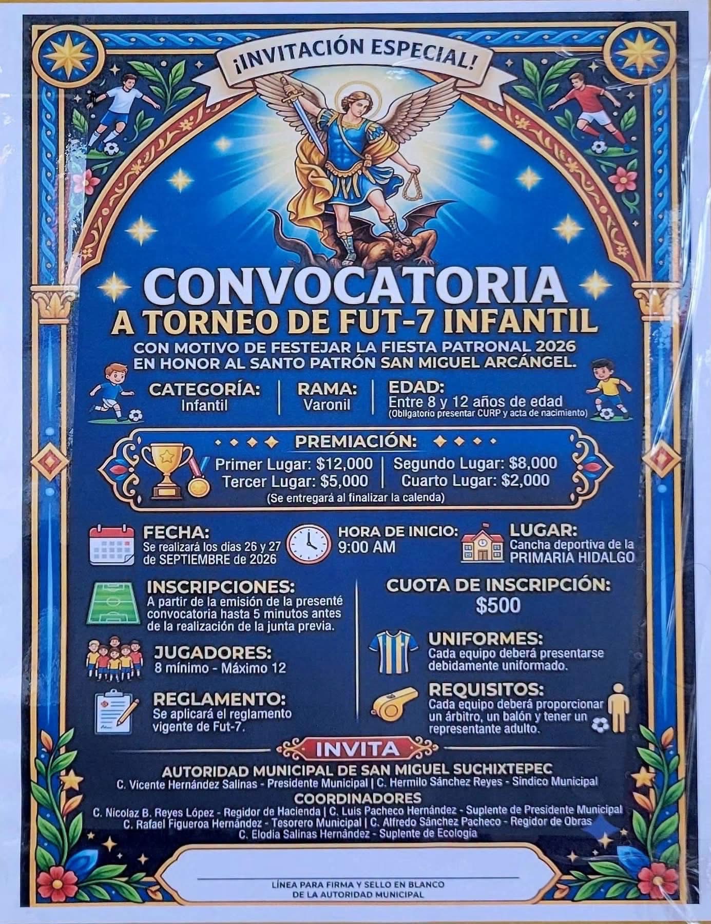 Cartel del torneo Torneo de Fútbol 7 Infantil San Miguel Arcángel - San Miguel Suchixtepec, Oaxaca