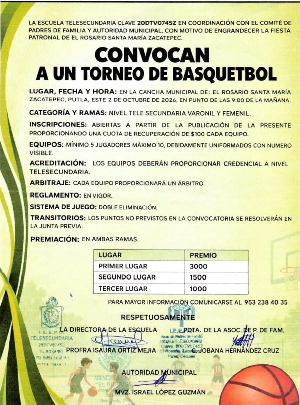 Cartel del torneo Torneo de Básquetbol Telesecundaria - el Rosario, Santa María Zacatepec, Putla, Oaxaca