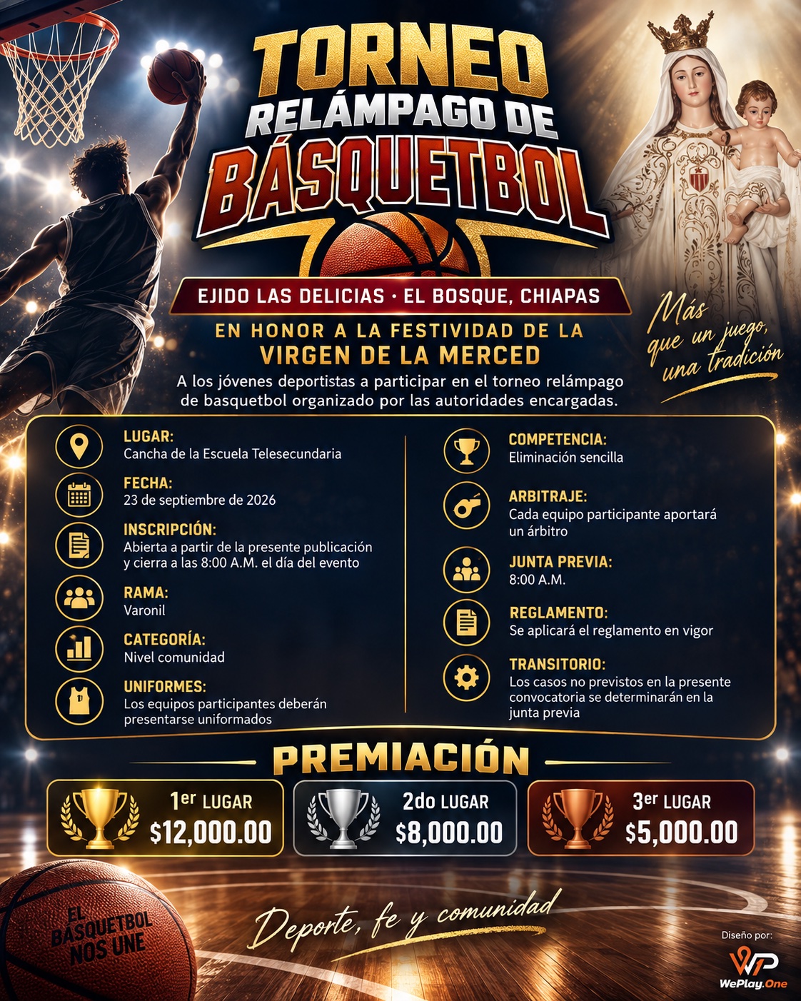 Cartel del torneo Torneo Relámpago de Básquetbol Virgen de la Merced - las Delicias, Chiapas